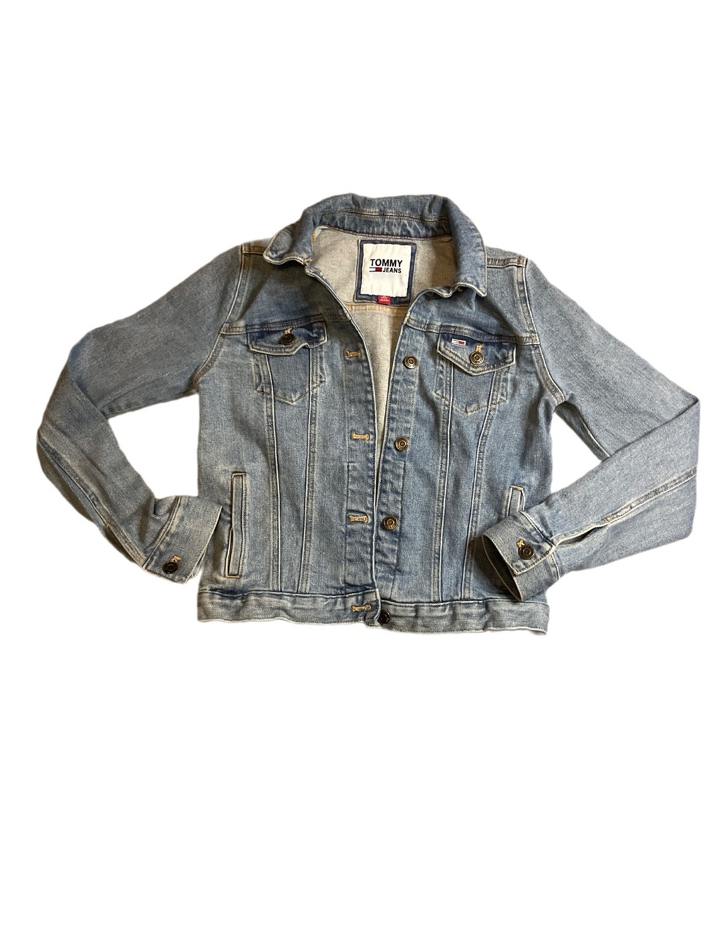 Tommy Hilfiger Light Wash Denim Jacket with Red Logo Accent minimalist EUC B1-42